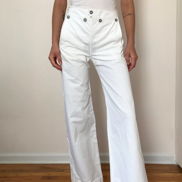 High Waisted Wide Leg White Sailor Navy Pants 28 - Picture 3 of 10